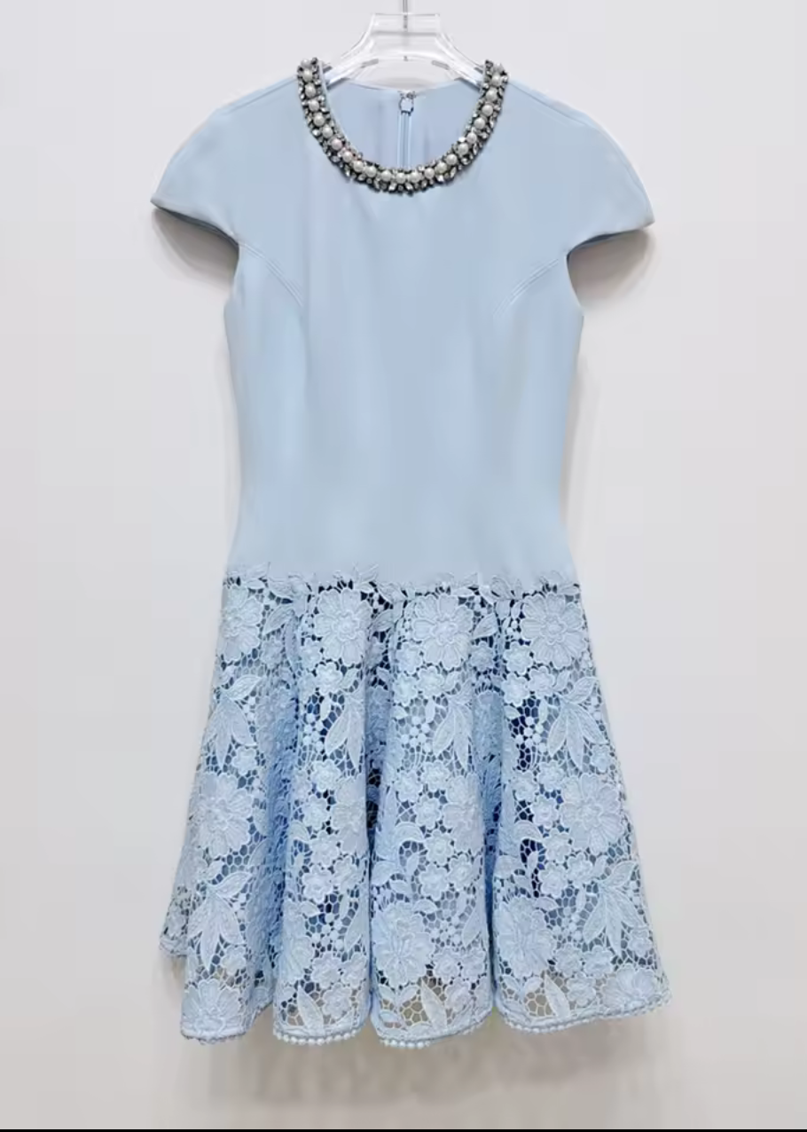 Sky Blue Embellished Lace Hem Mini Dress