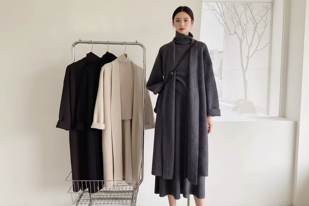 Women's 3-Piece Knit
Sweater Set - Long Cardigan, Sleeveless Top & Midi Skirt