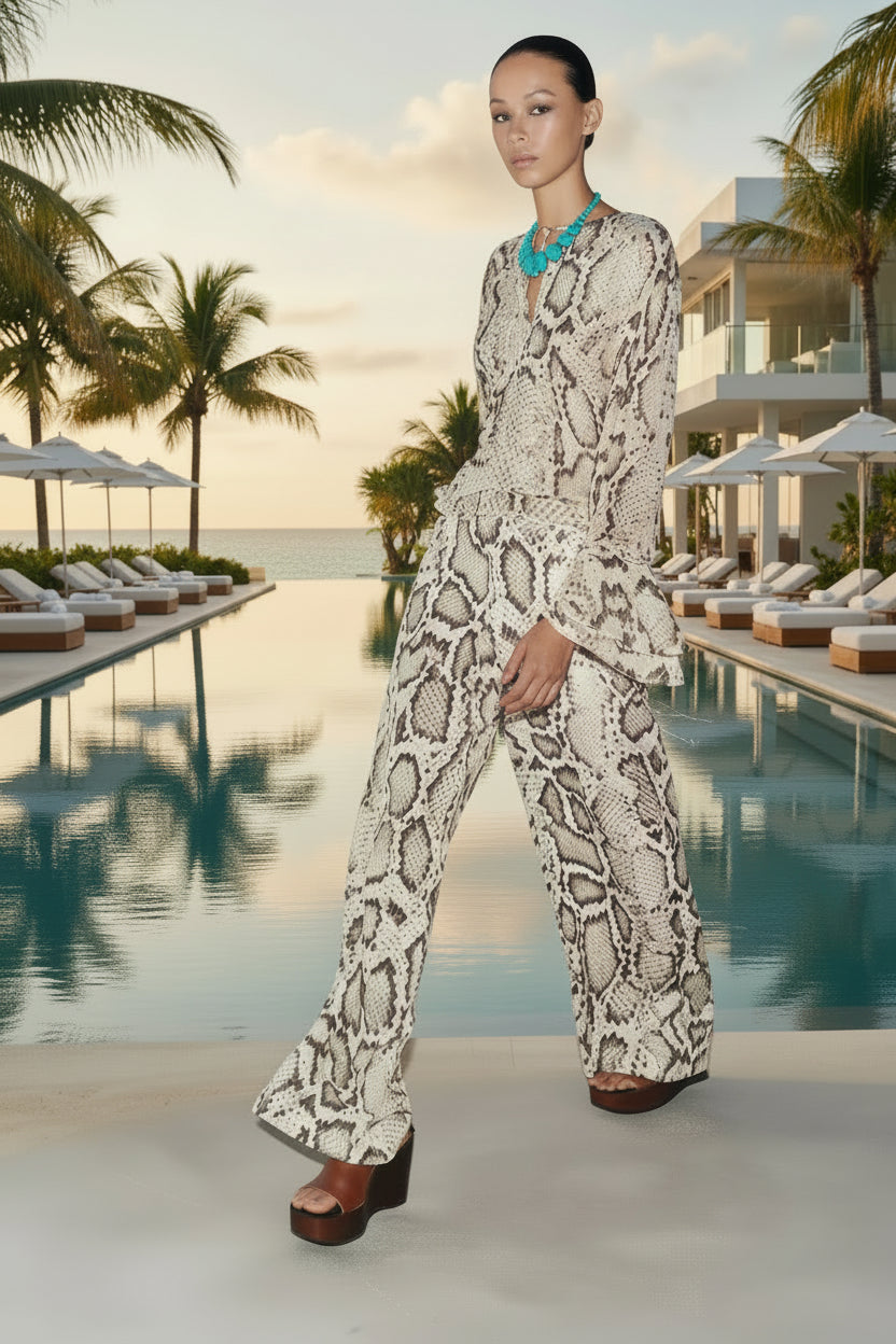 Women’s Snake Print Blouse & Wide-Leg Pants Set | Lightweight Vacation           Editor’s TOP PICK