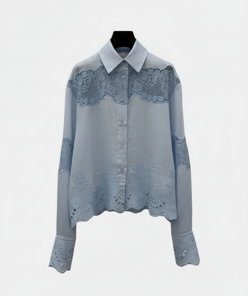 Blue & White Silk Linen Embroidered Lace Shirt or Pleated Skirt Set
