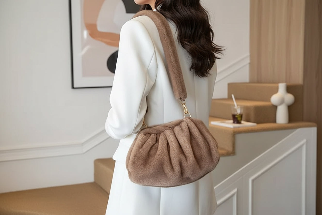 Plush Ruched Shoulder Bag | Soft Faux Fur Crossbody Clutch Bag