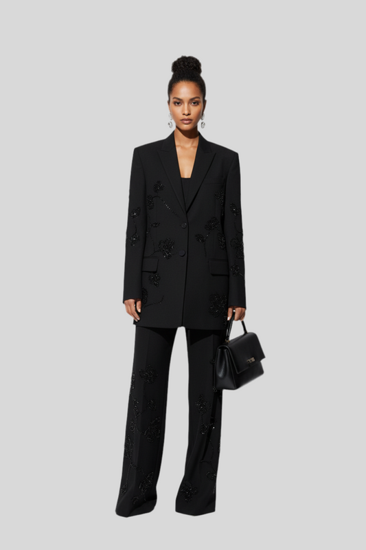 Women’s Chic Black Embroidered Blazer & Wide-Leg Pants Set – Full Sleeve – Elegant Lapel V-Neck