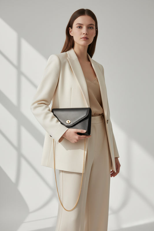 Christian Dior  Black Leather Chain Shoulder Bag – Gold Hardware Envelope Flap – 100% Authentic Previously Owned Very Good Condition | L’LUXE Vintage