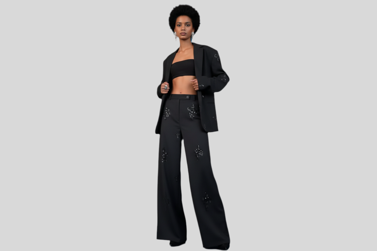Women’s Chic Black Embroidered Blazer & Wide-Leg Pants Set – Full Sleeve – Elegant Lapel V-Neck