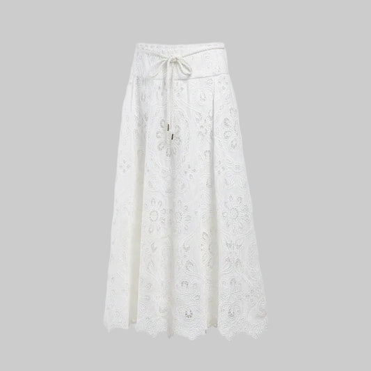White Embroidered Cutwork Midi Skirt (US 6) | L’LUXE Luxury Edit