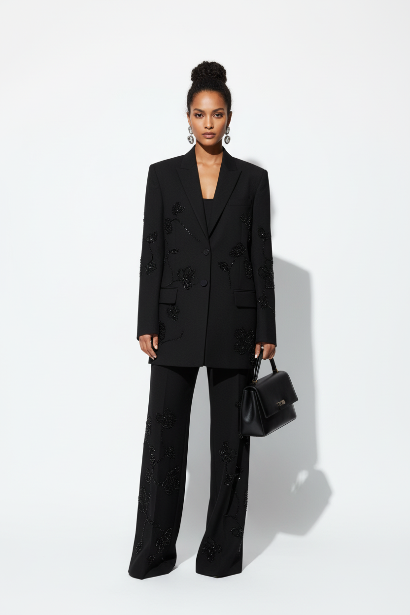 Women’s Chic Black Embroidered Blazer & Wide-Leg Pants Set – Full Sleeve – Elegant Lapel V-Neck