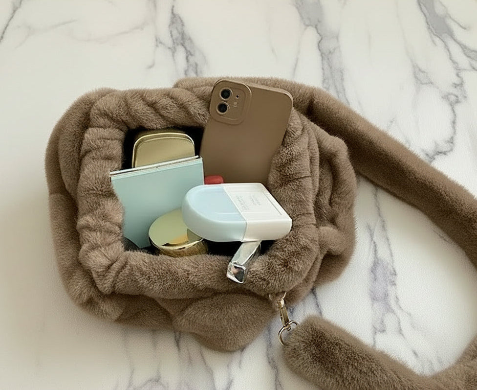 Plush Ruched Shoulder Bag | Soft Faux Fur Crossbody Clutch Bag