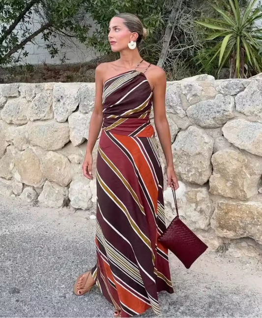 Women’s One-Shoulder Striped Maxi Dress – Sleeveless Asymmetrical