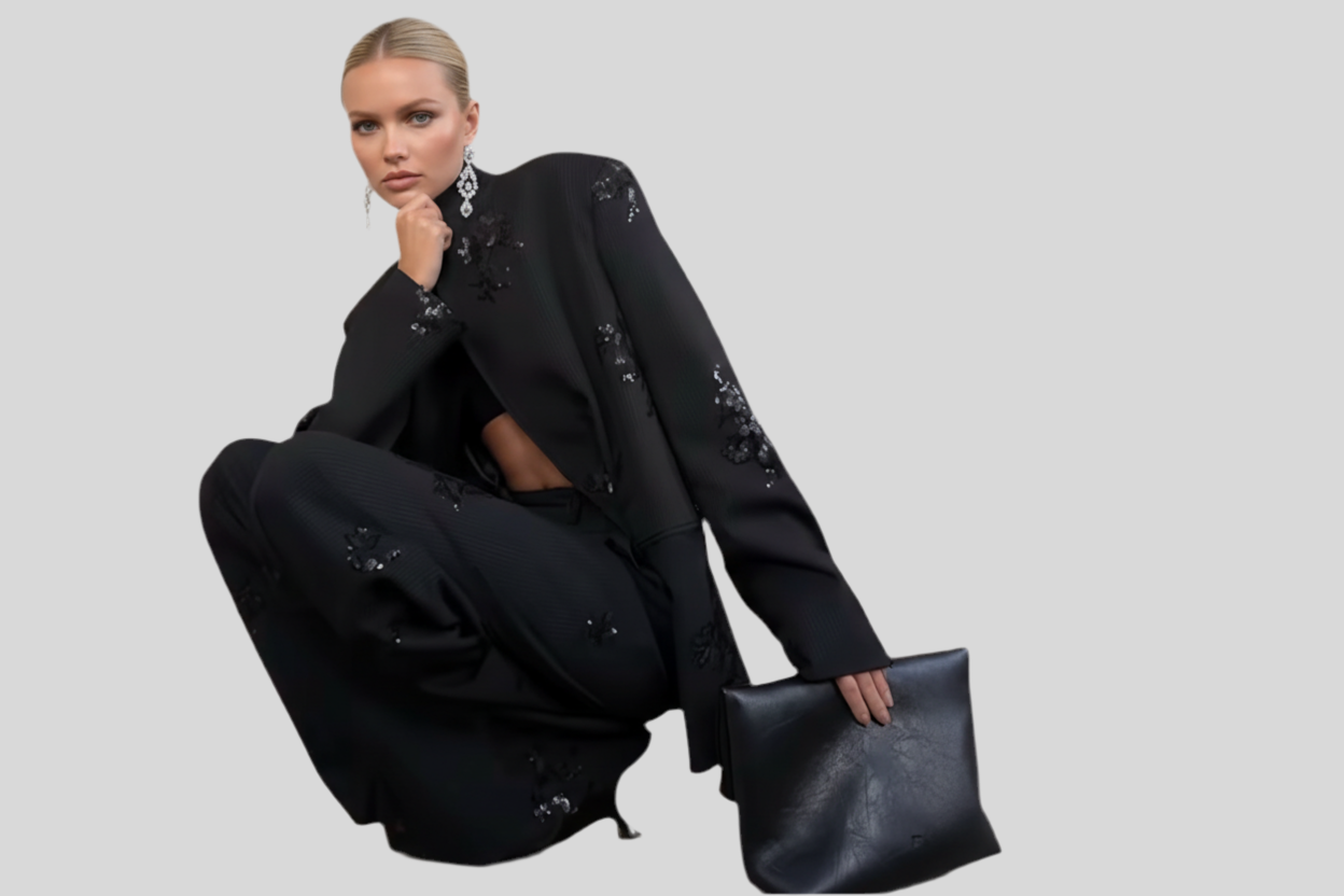 Women’s Chic Black Embroidered Blazer & Wide-Leg Pants Set – Full Sleeve – Elegant Lapel V-Neck