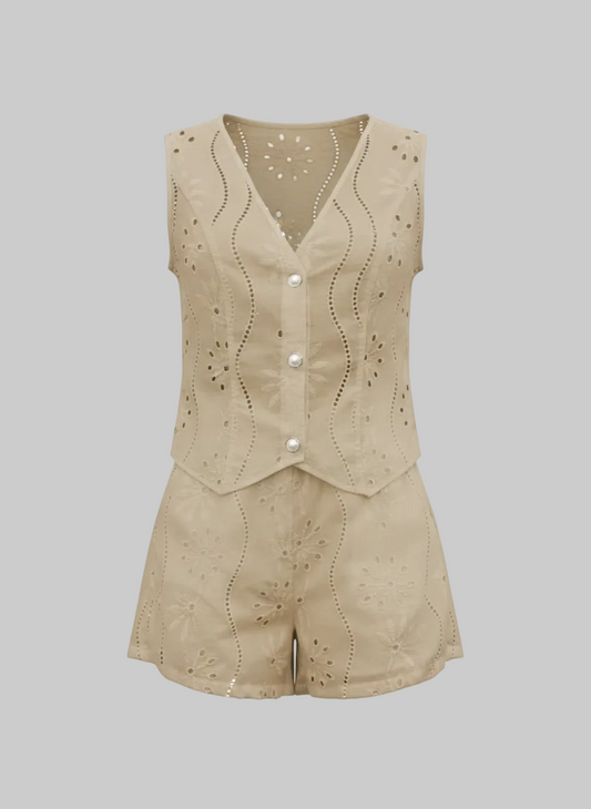Eyelet Embroidered V-Neck Sleeveless Shorts Summer Two-Piece Set | Curve | L’LUXE Matching Sets