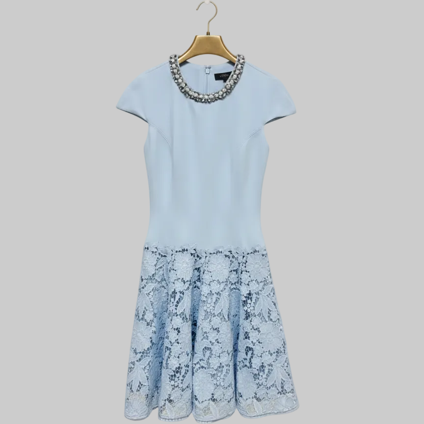 Sky Blue Embellished Lace Hem Mini Dress