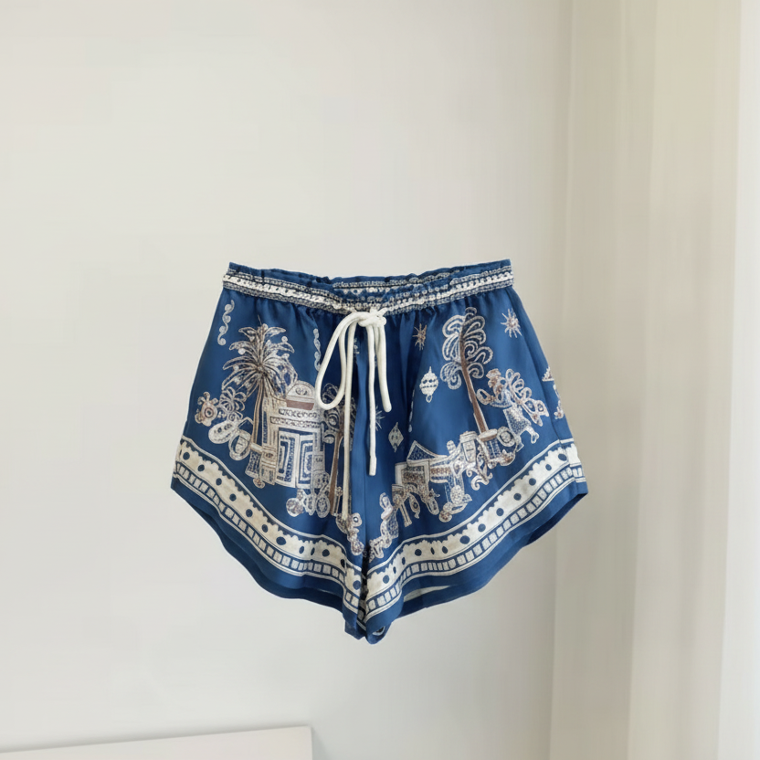 Printed Linen Polo Top & Drawstring Shorts in Blue