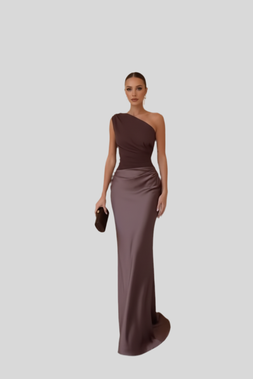 One-Shoulder Satin Evening Dress – Slant Neck Ruched Maxi Gown