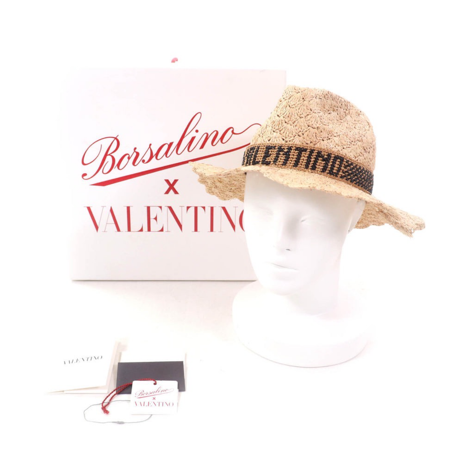 Valentino x Borsalino Straw Panama Hat Natural - Embroidered Logo Previously Owned Pristine Authentic