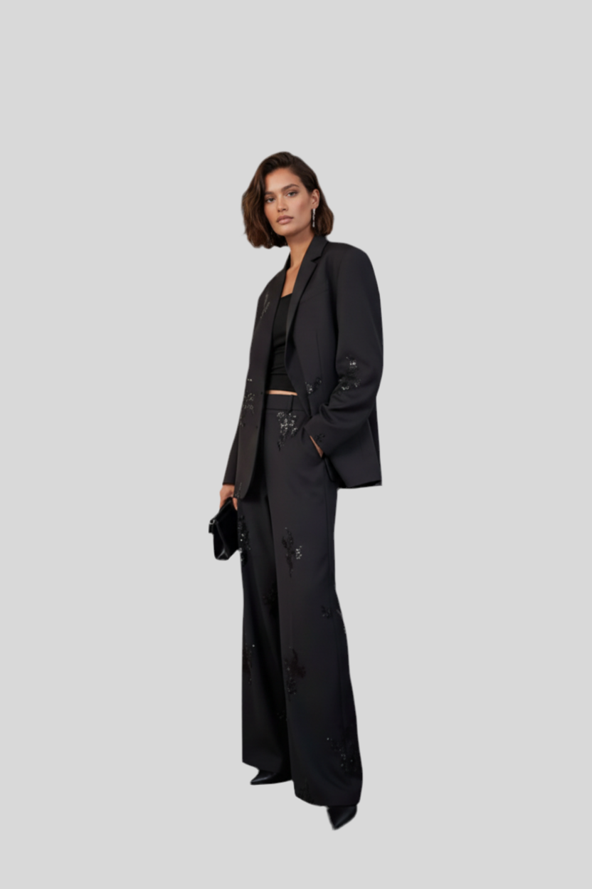 Women’s Chic Black Embroidered Blazer & Wide-Leg Pants Set – Full Sleeve – Elegant Lapel V-Neck