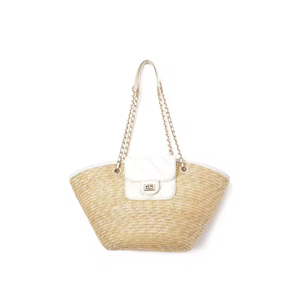 Woven Straw Shoulder Bag Black - white Trim Small Summer Tote