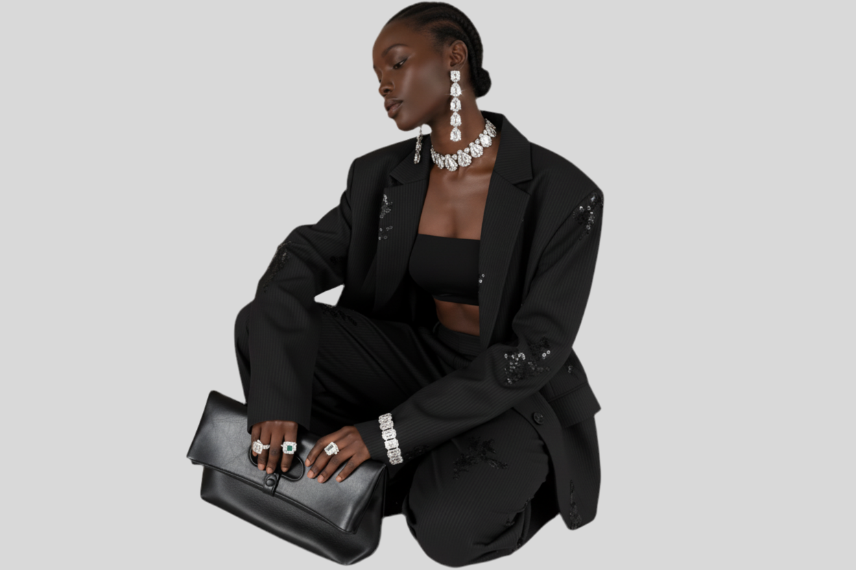 Women’s Chic Black Embroidered Blazer & Wide-Leg Pants Set – Full Sleeve – Elegant Lapel V-Neck