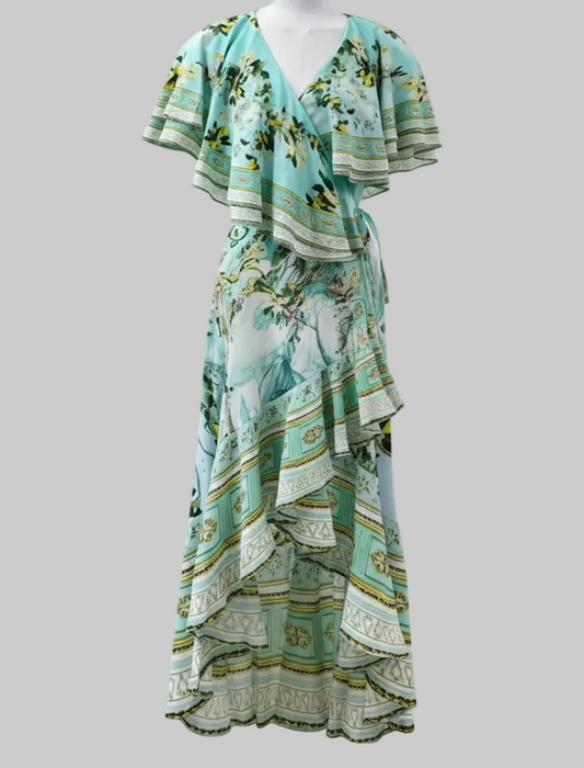 Green Floral 100% Silk Wrap Midi Dress| L’LUXE Luxury Edit