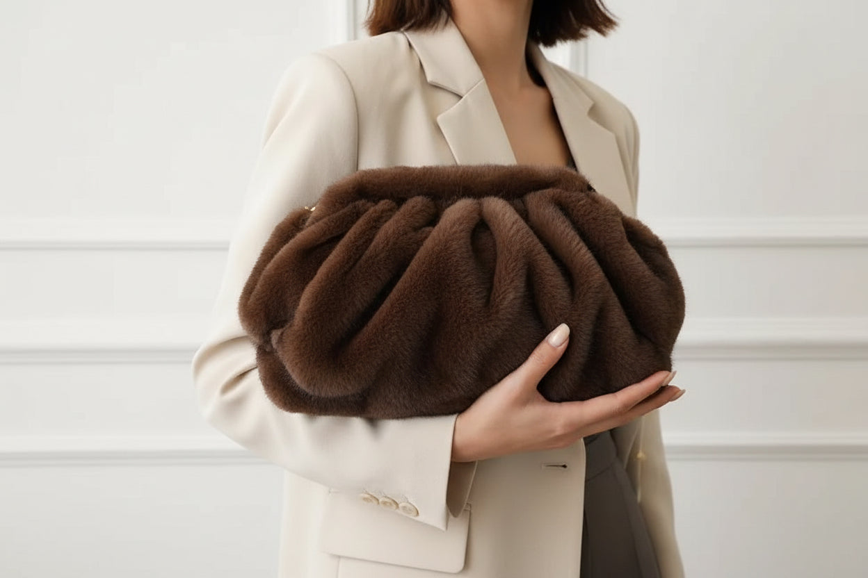 Plush Ruched Shoulder Bag | Soft Faux Fur Crossbody Clutch Bag