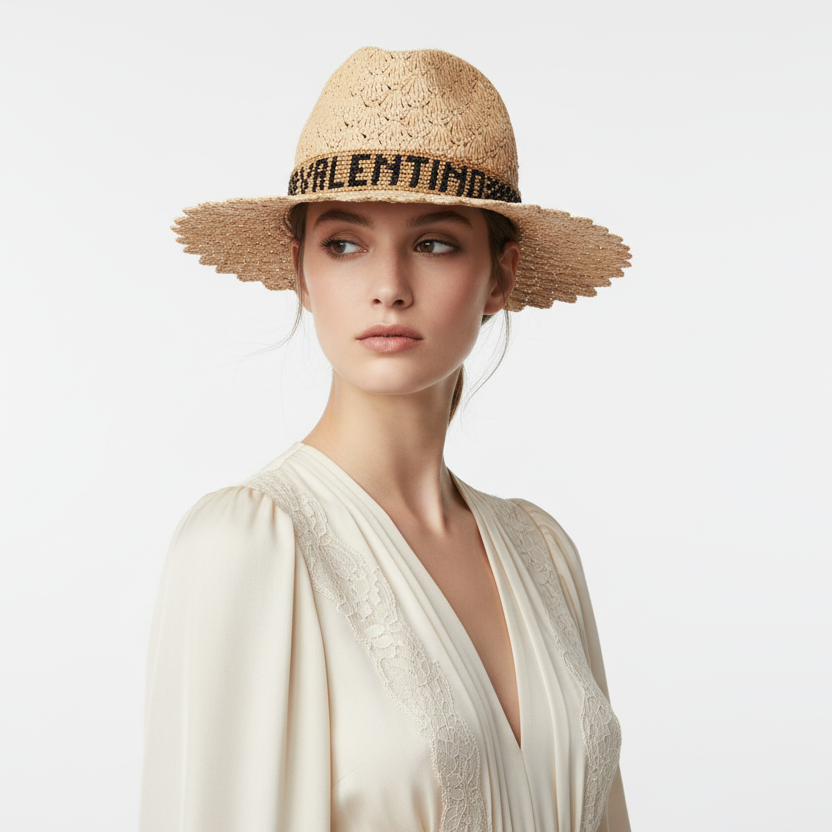 Valentino x Borsalino StrawPanama Hat Natural - Embroidered Logo 100% Authentic  Pre-Owned Luxury Pristine Condition