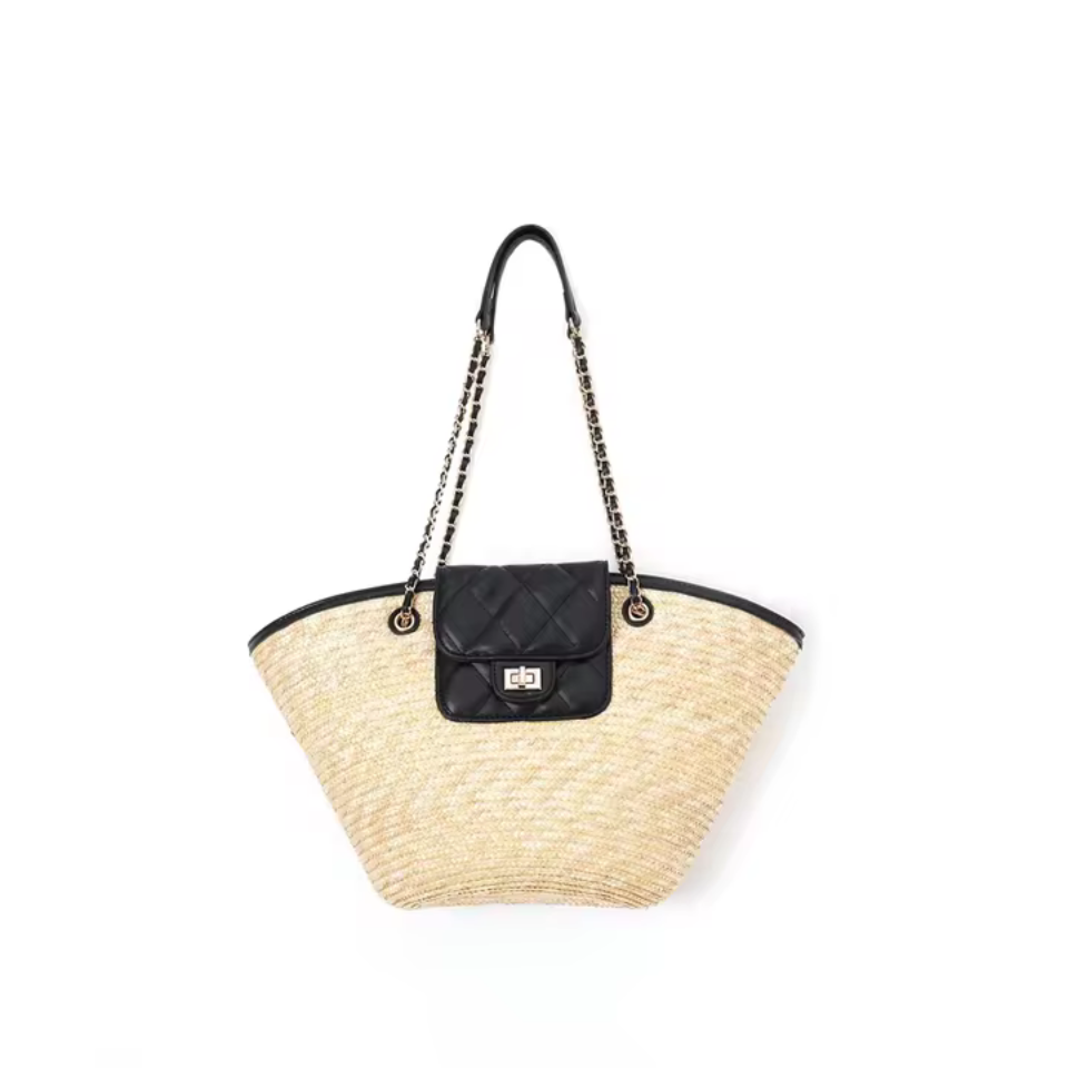 Woven Straw Shoulder Bag Black - white Trim Small Summer Tote