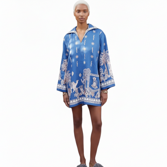 Blue Print Polo Collar Mini Tunic  Dress | Luxury Resort Linen Look Tunic | Summer