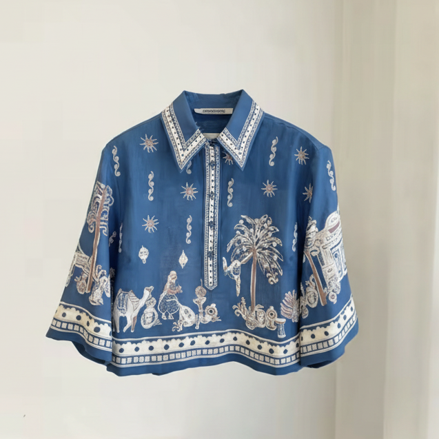 Printed Linen Polo Top & Drawstring Shorts in Blue