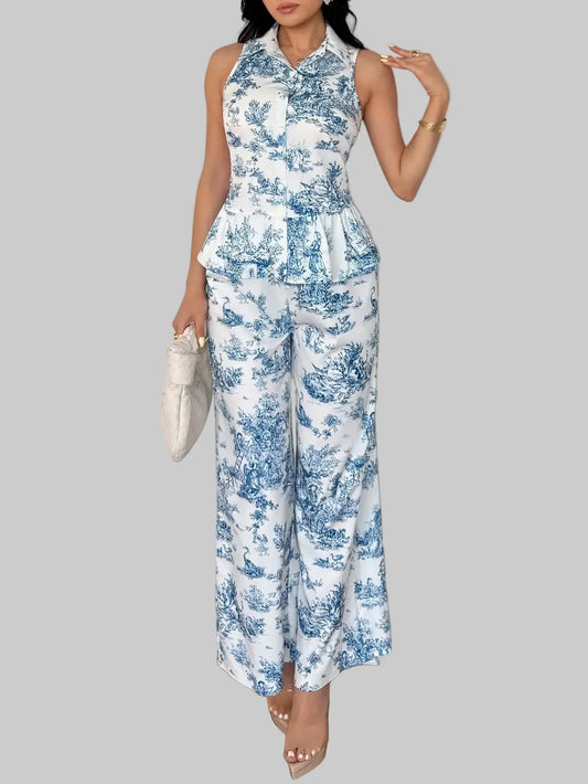 Women's Blue & White Toile Print Sleeveless Peplum Top + Wide Leg Pants Summer Two-Piece Set