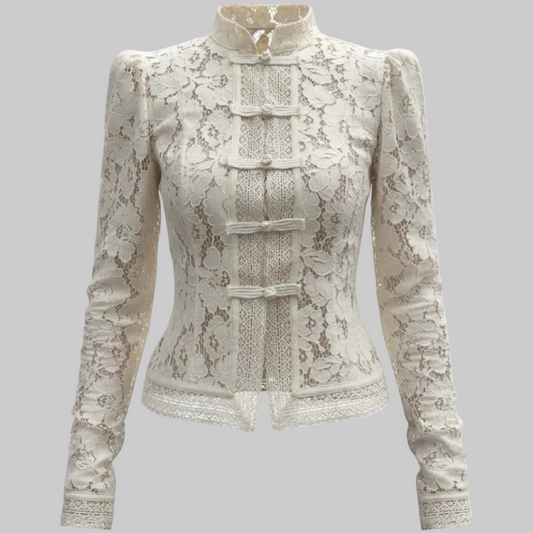 Lace-Detail Button-Front Blouse – L’LUXE Tops