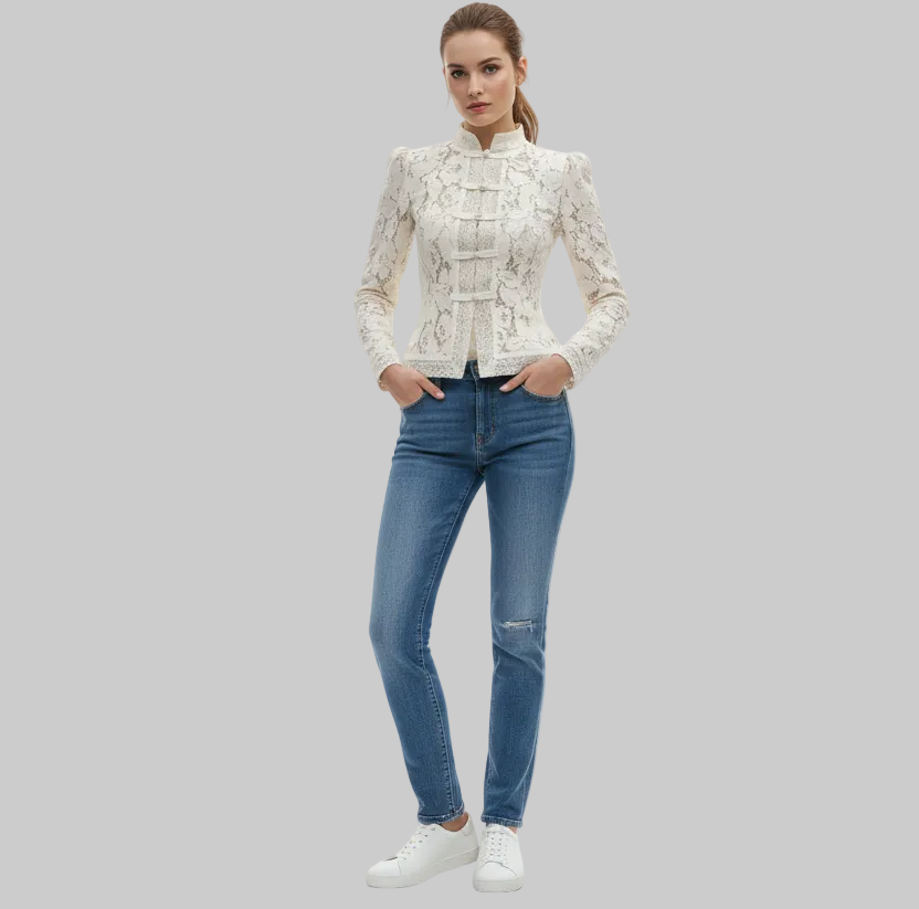 Lace-Detail Button-Front Blouse
