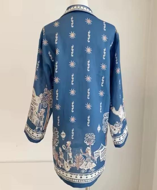 Blue Print Polo Collar Mini Tunic  Dress | Luxury Resort Linen Look Tunic | Summer