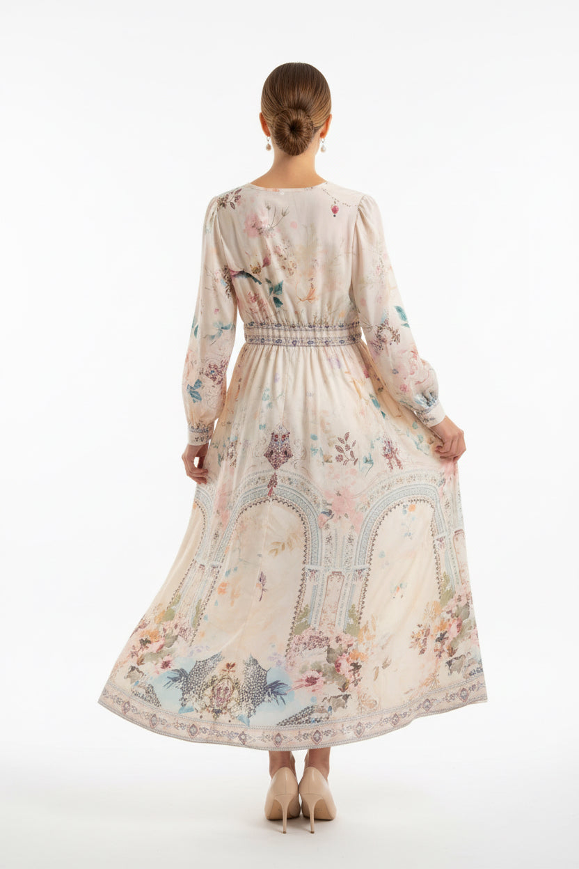 Women’s Printed Ankle-Length V-Neck Dress | Long Sleeve Sheath Maxi Dress