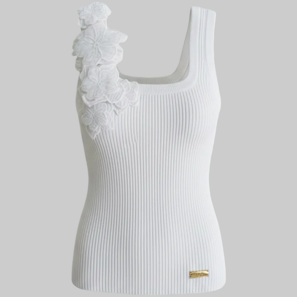 Ribbed Floral Appliqué Knit Tank