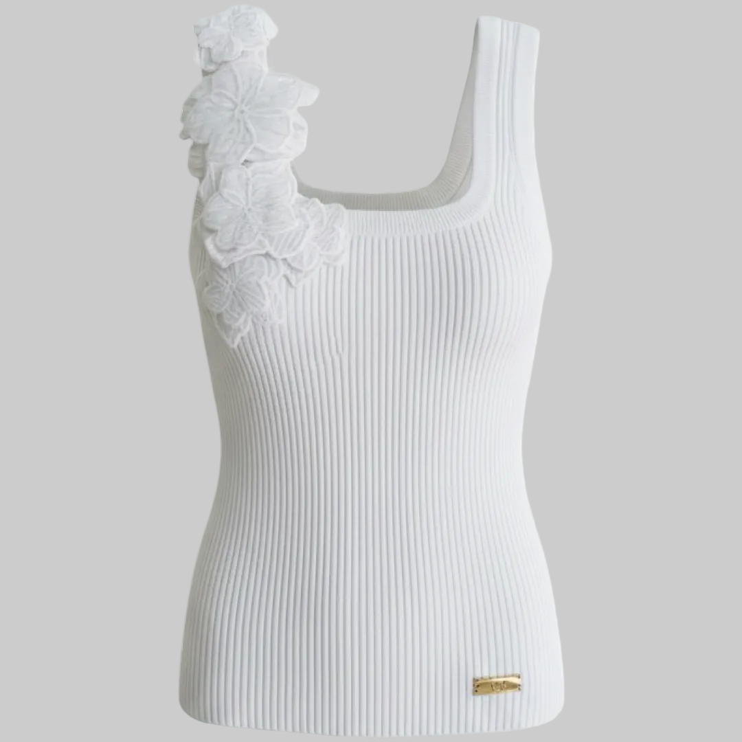 White Ribbed Floral Appliqué Knit Tank | L’LUXE Luxury Edit