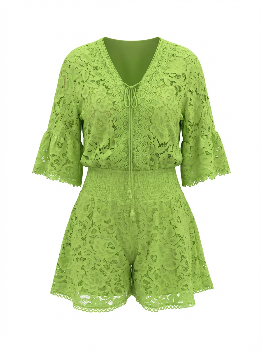Women’s Lace Two-Piece Set – V-Neck Top & Flowy Shorts, Bell Sleeves, Summer  Outfit