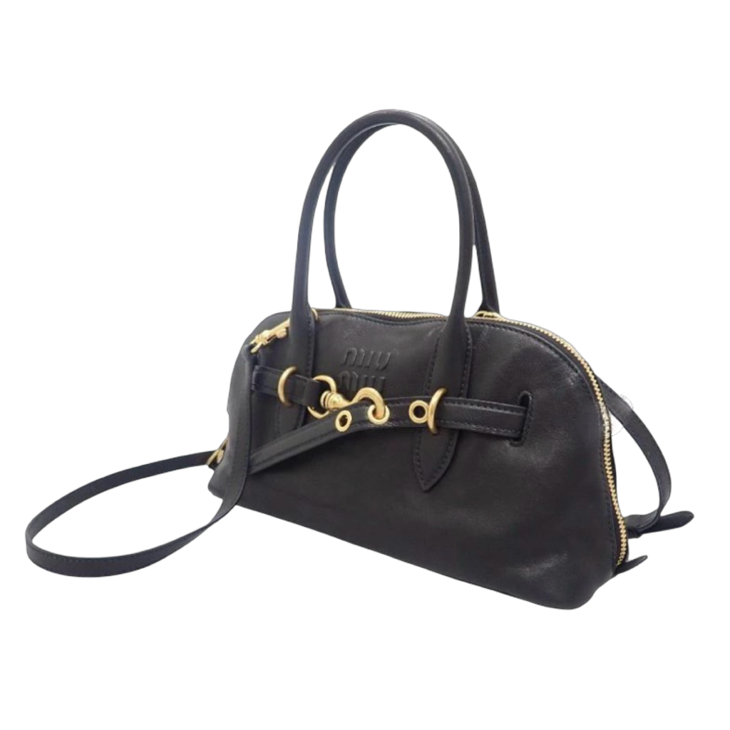 Miu Miu Aventure Top Handle Lambskin Black Gold Hardware 2-Way Shoulder Bag Previously Owned Authentic