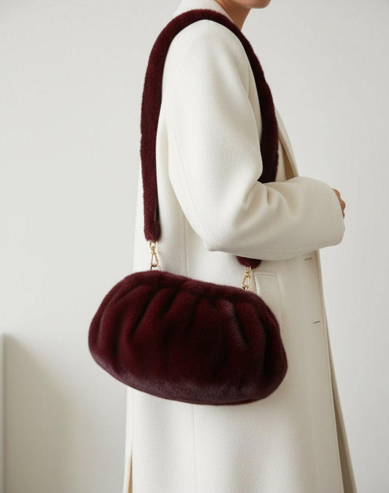 Plush Ruched Shoulder Bag | Soft Faux Fur Crossbody Clutch Bag