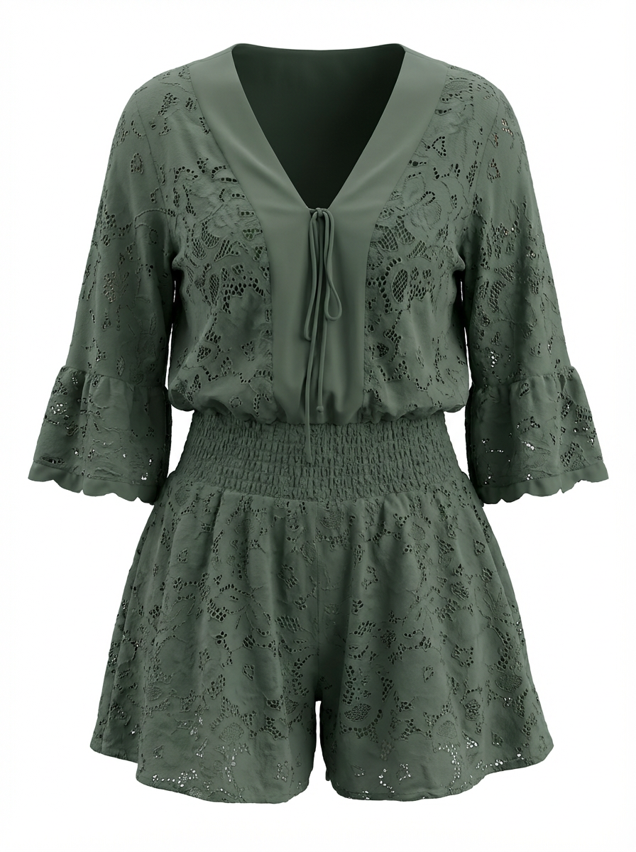 Women’s Lace Two-Piece Set – V-Neck Top & Flowy Shorts, Bell Sleeves, Summer  Outfit