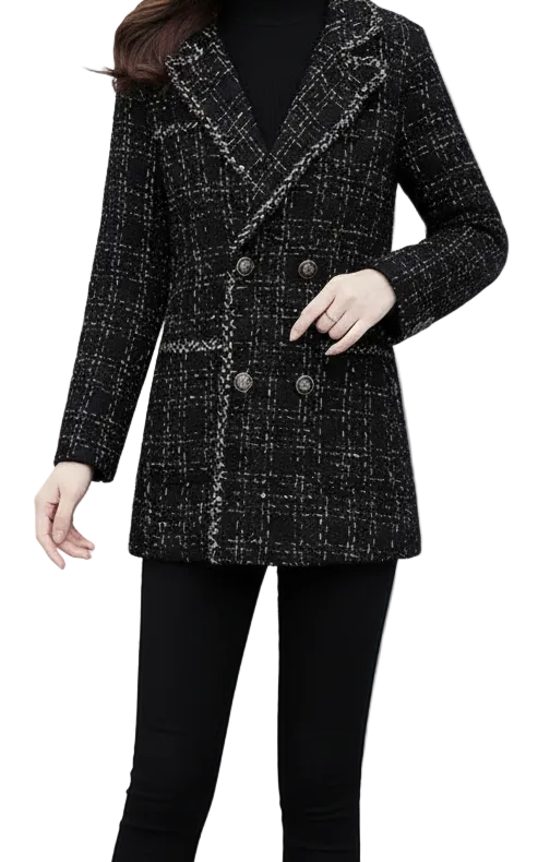 Women Woolen Blazers New Plaid Double-Breasted Suit Loose  Wool Blended Blazers Jacket