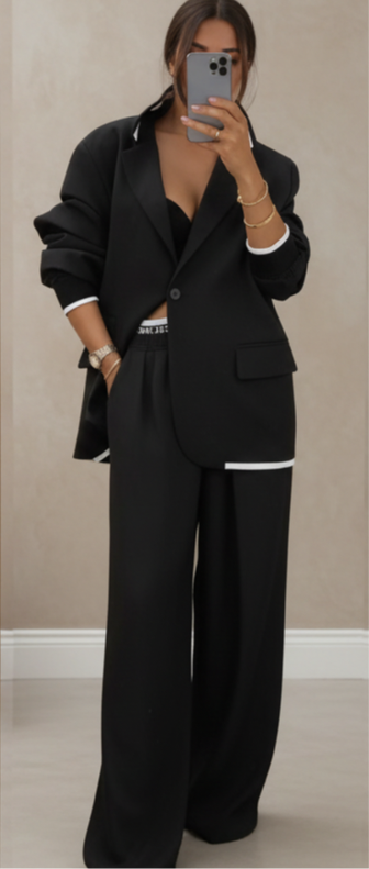 Blazer & Wide-Leg Pant Set for Women – Elegant Two-Piece Long Sleeve Suit