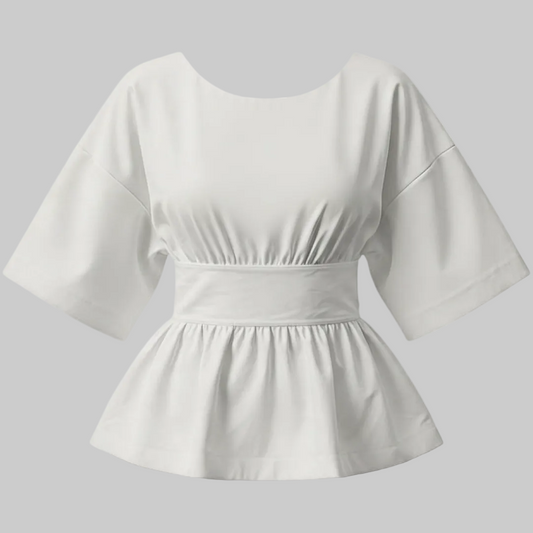 Open-Back Gathered Peplum Top – Short Sleeve Open Back Blouse | L’LUXE Tops
