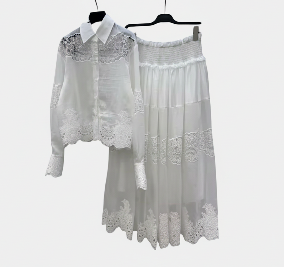 Blue & White Silk Linen Embroidered Lace Shirt or Pleated Skirt Set