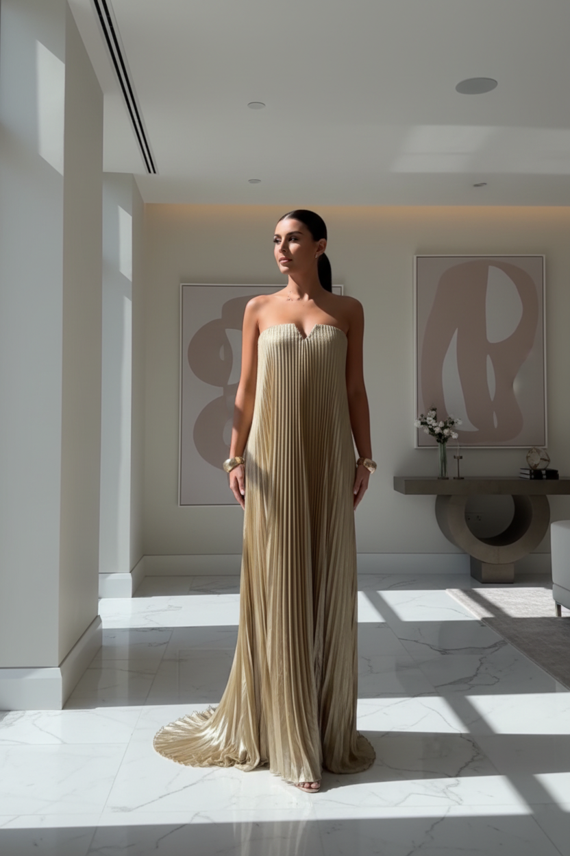 Gold Strapless Pleated Maxi Dress Loose A-Line Backless Evening Dress