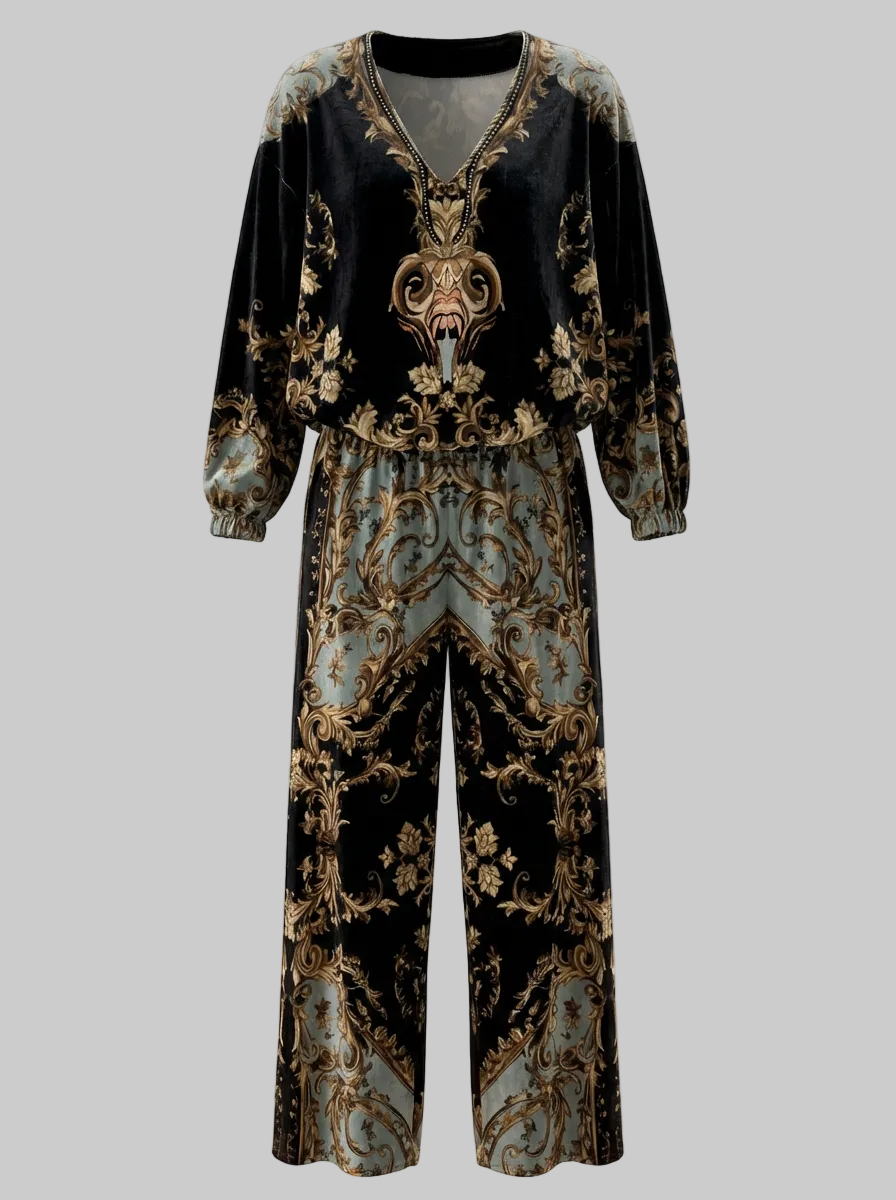Luxury Baroque Velvet Two-Piece Set – Stretch Velvet V-Neck Top & Pocketed Wide-Leg Pants