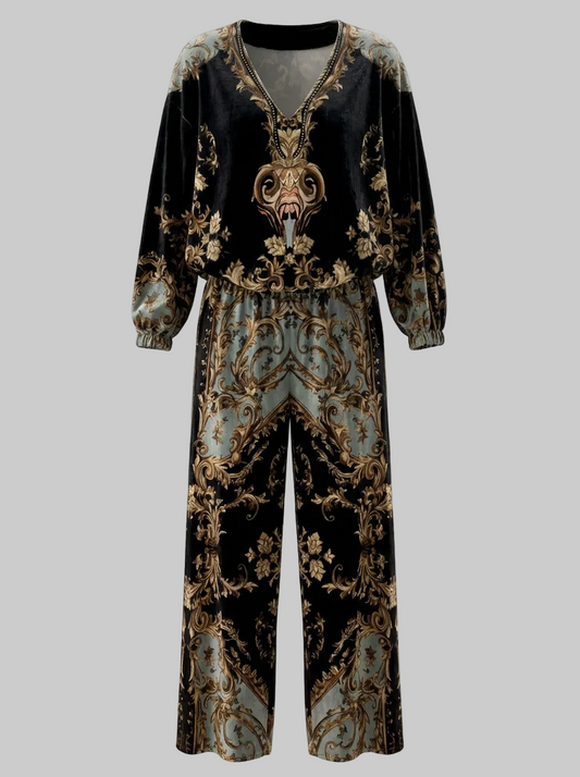 Luxury Baroque Velvet Two-Piece Set – Stretch Velvet V-Neck Top & Pocketed Wide-Leg Pants