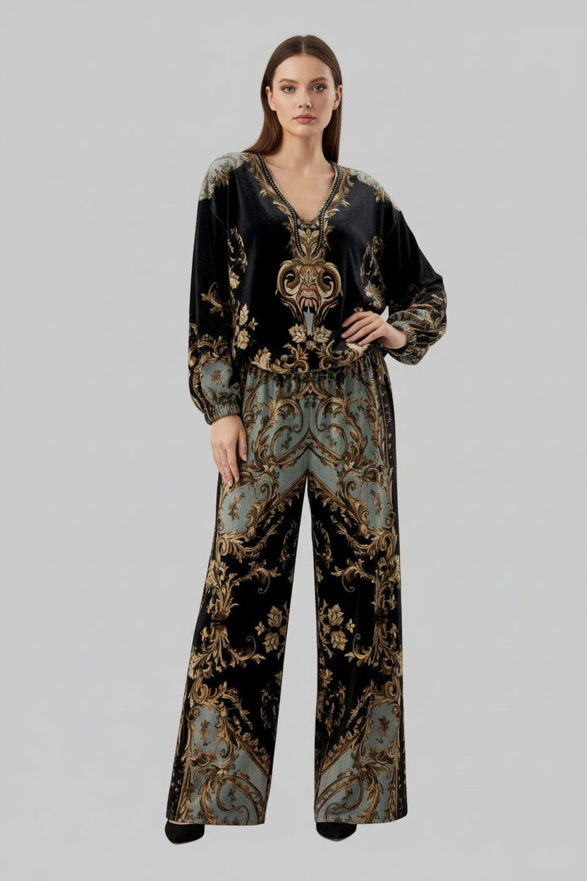 Luxury Baroque Velvet Two-Piece Set – Stretch Velvet V-Neck Top & Pocketed Wide-Leg Pants