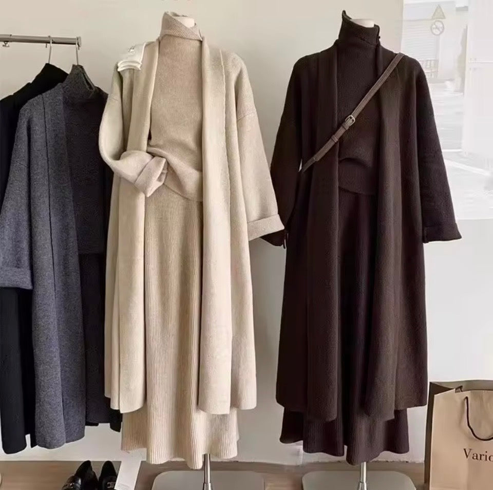 Women's 3-Piece Knit
Sweater Set - Long Cardigan, Sleeveless Top & Midi Skirt