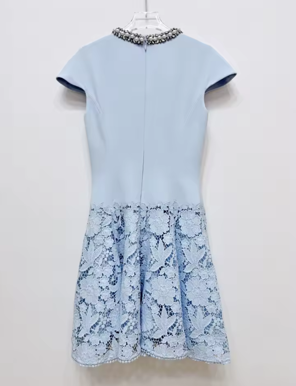 Sky Blue Embellished Lace Hem Mini Dress