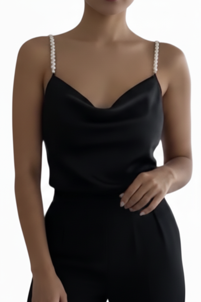 Pearl Strap Cowl Neck Wide-Leg Jumpsuit for Women – Sleeveless Backless One-Piece Elegant Evening Outfit