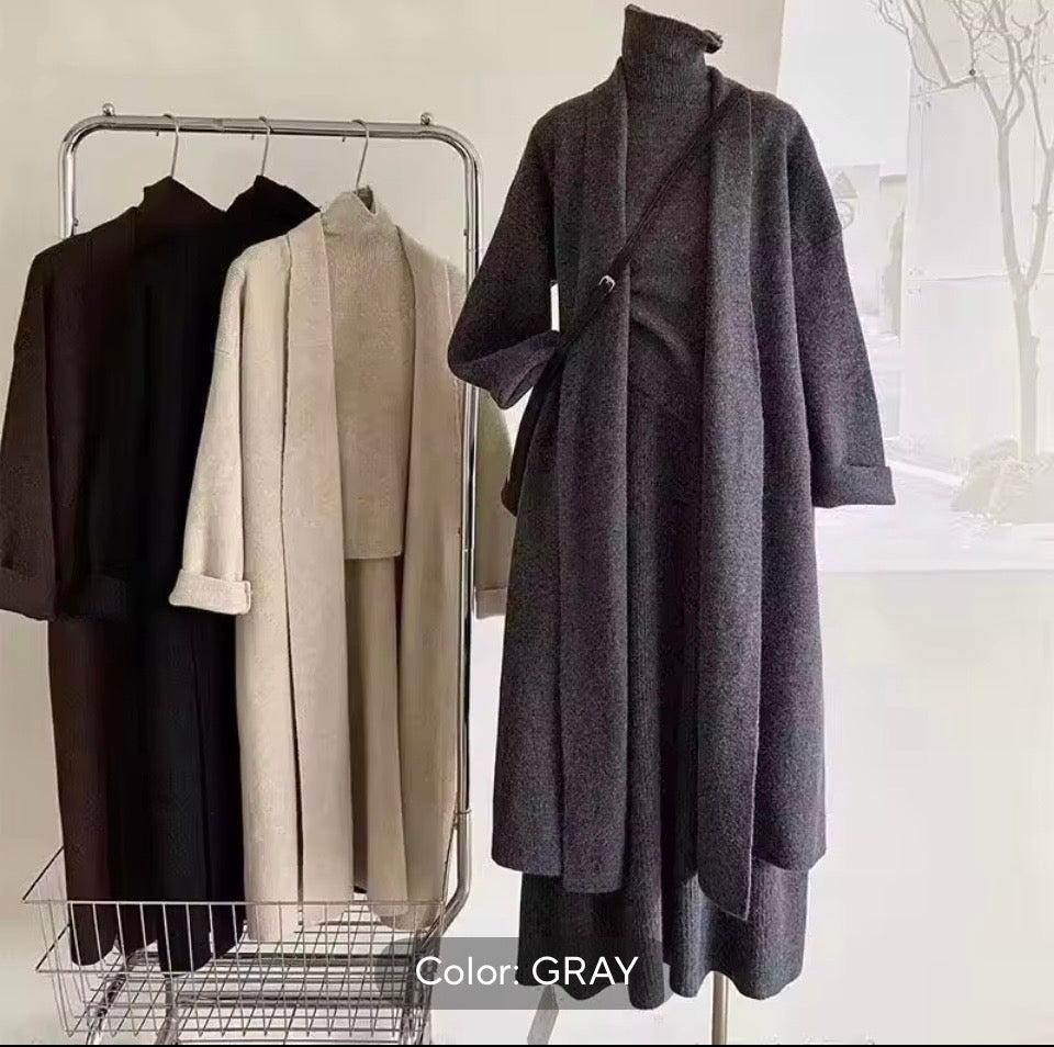 Women's 3-Piece Knit
Sweater Set - Long Cardigan, Sleeveless Top & Midi Skirt